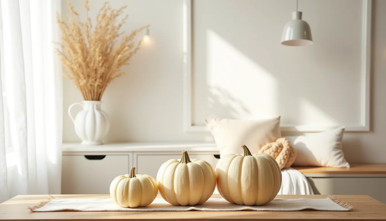Three cream pumpkins of increasing size sit on a console table with a linen runner, backlit by soft morning window light.