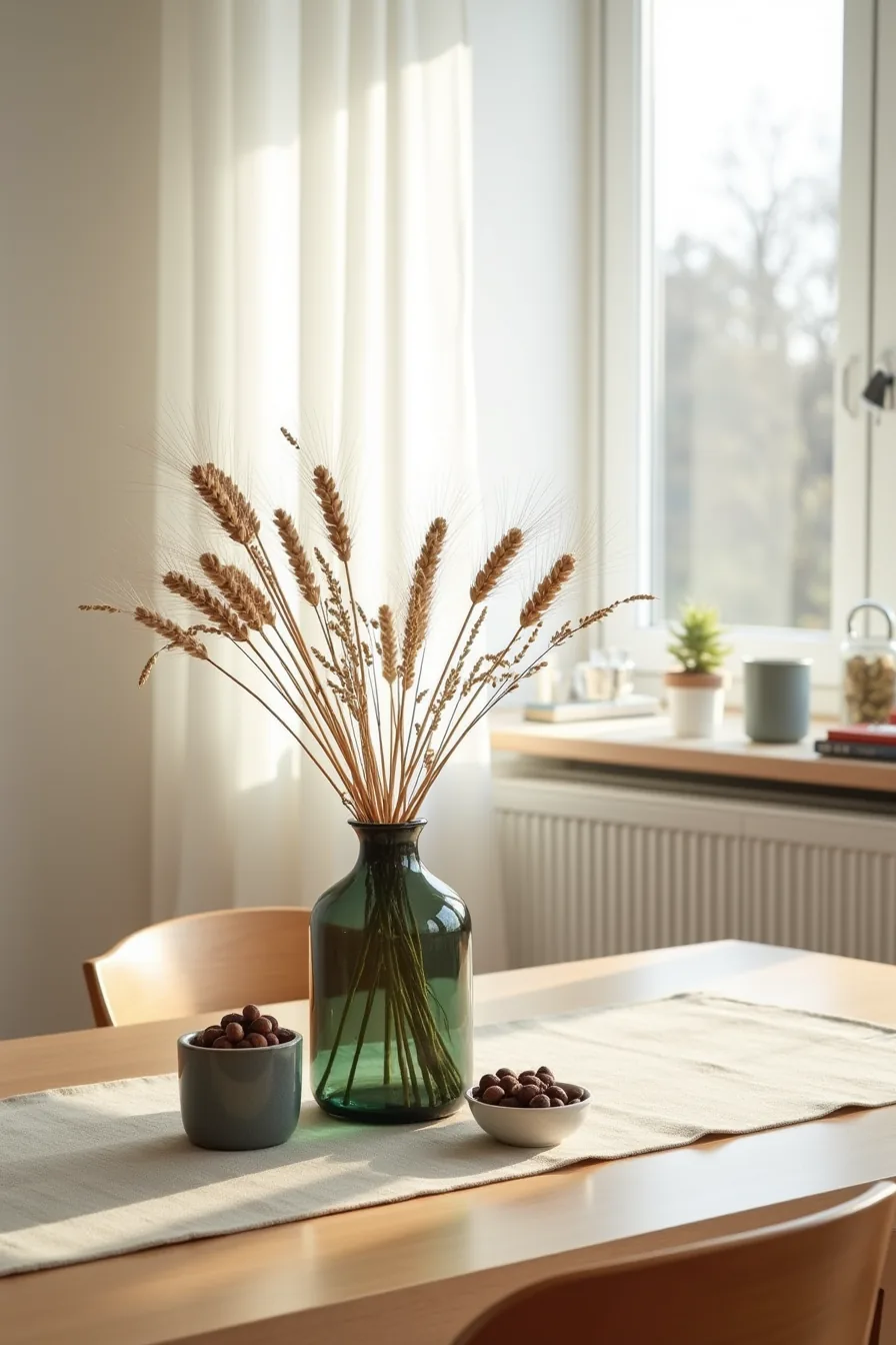 A dark green glass vase with dried wheat and branches sits centered on a linen placemat, flanked by ceramic vessels of dried