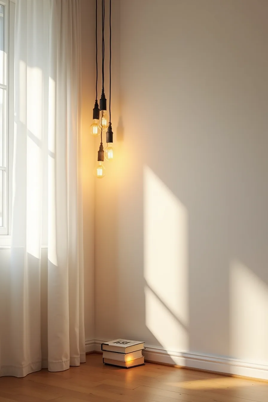 Warm Edison bulb string lights hang at different heights in a dark corner, with an amber uplighter on the floor creating a