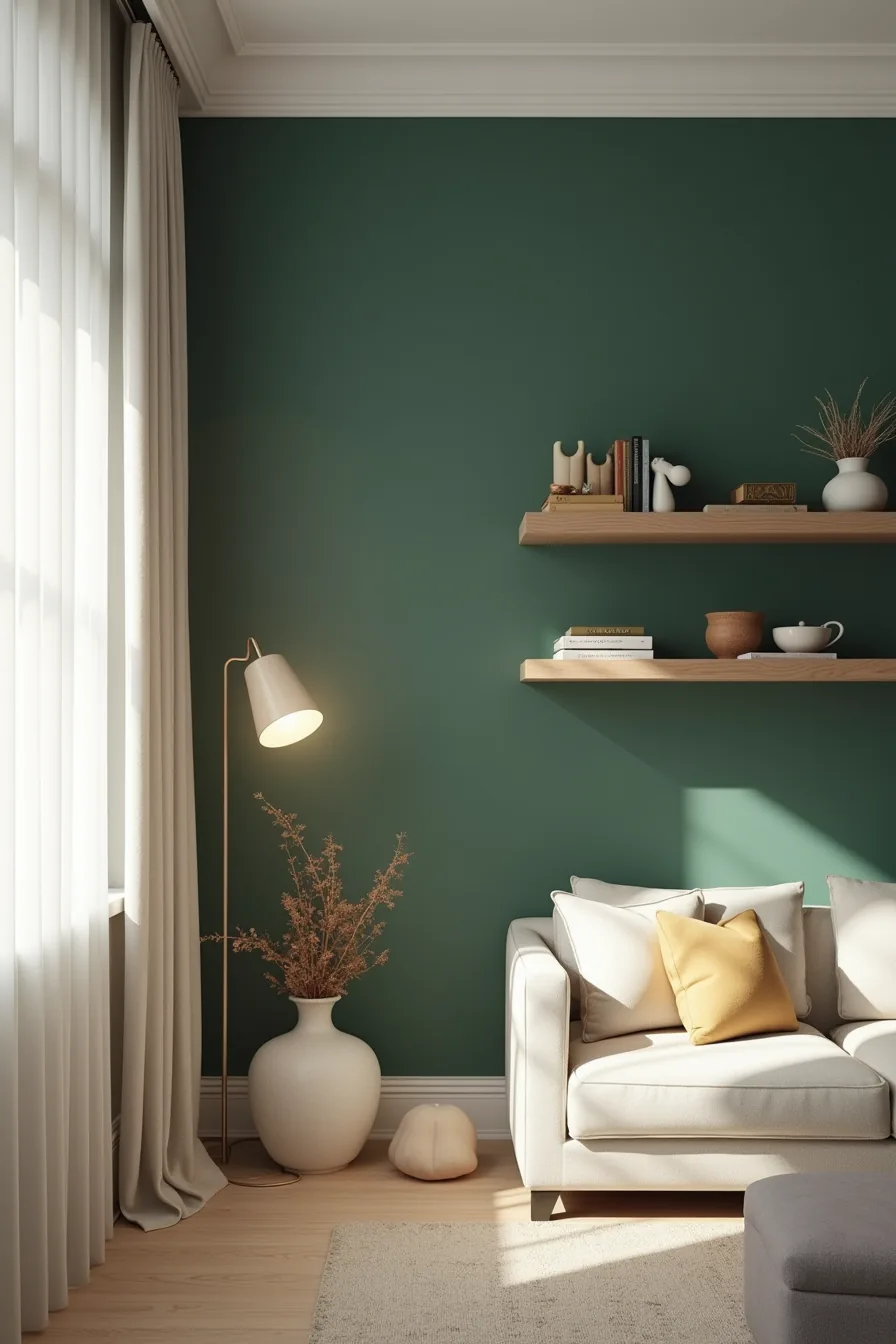 A deep forest-green painted wall features a floating wooden shelf unit at mid-height, viewed from the sofa with neutral