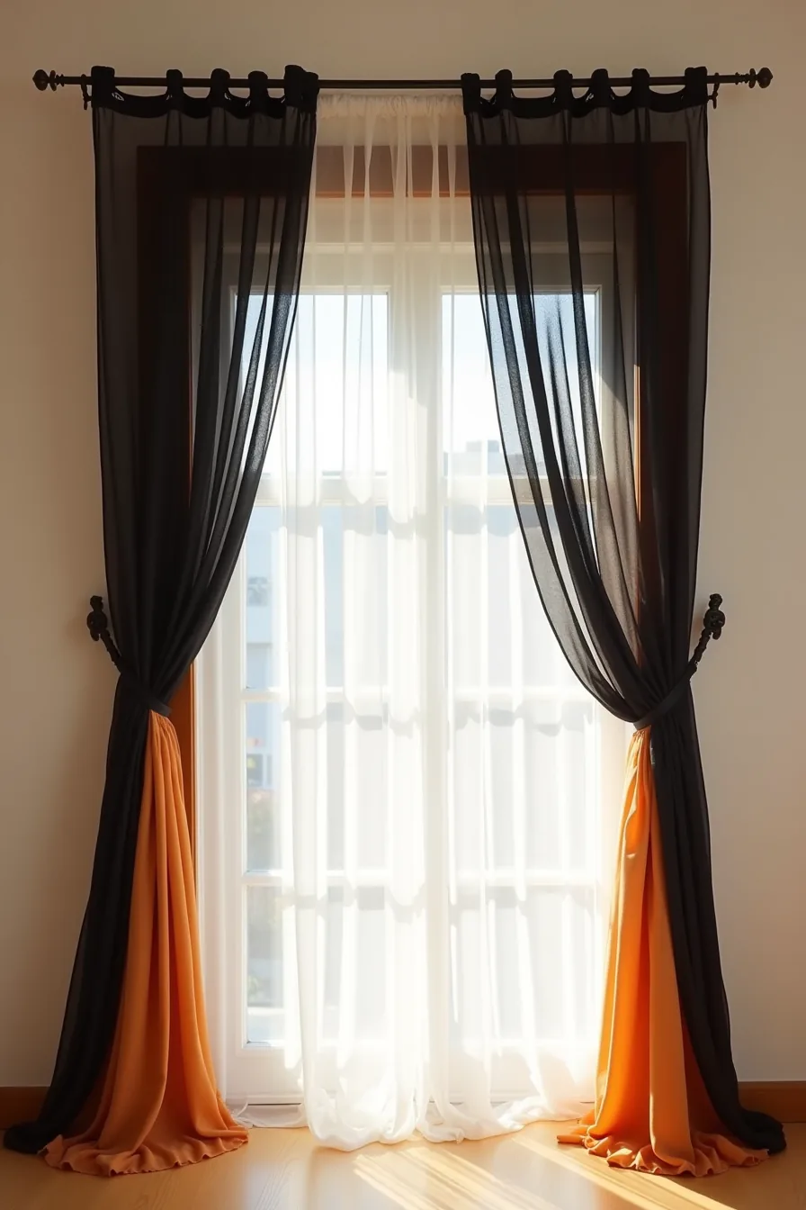A doorway is framed by draped black gauze and burnt-orange fabric secured with adhesive hooks at the top corners.