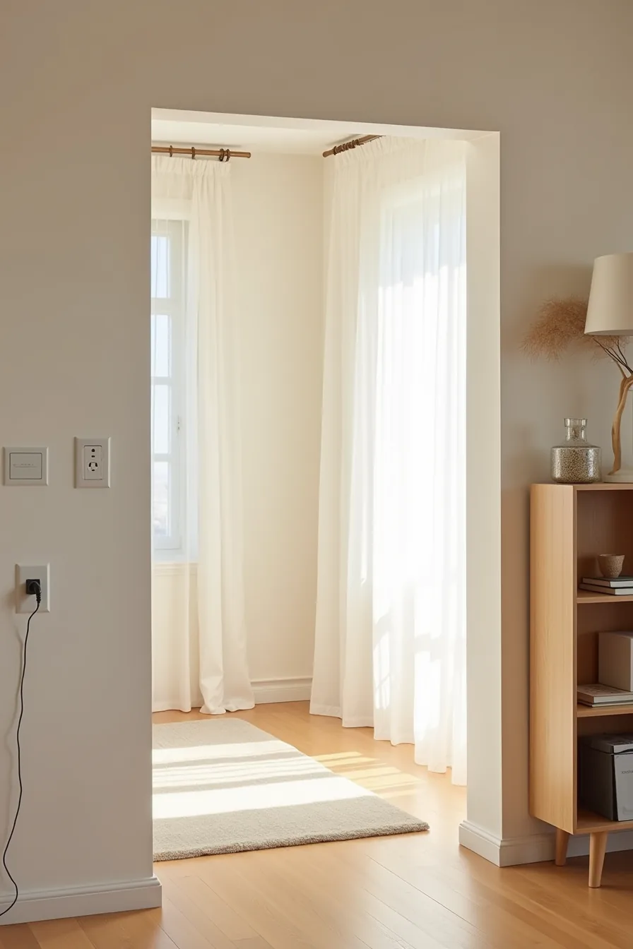 A clear exit doorway leads from a living room with a single-cord outlet and a low shelving unit safely positioned nearby.