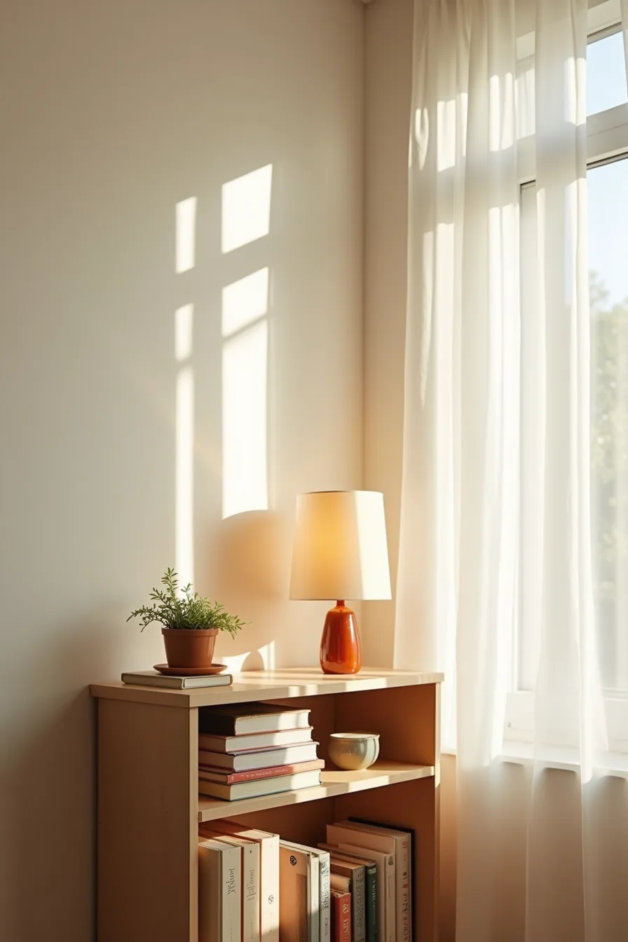 Shelf unit with warm accent lighting illuminating stacked books, cream-shaded table lamp, and potted plants.