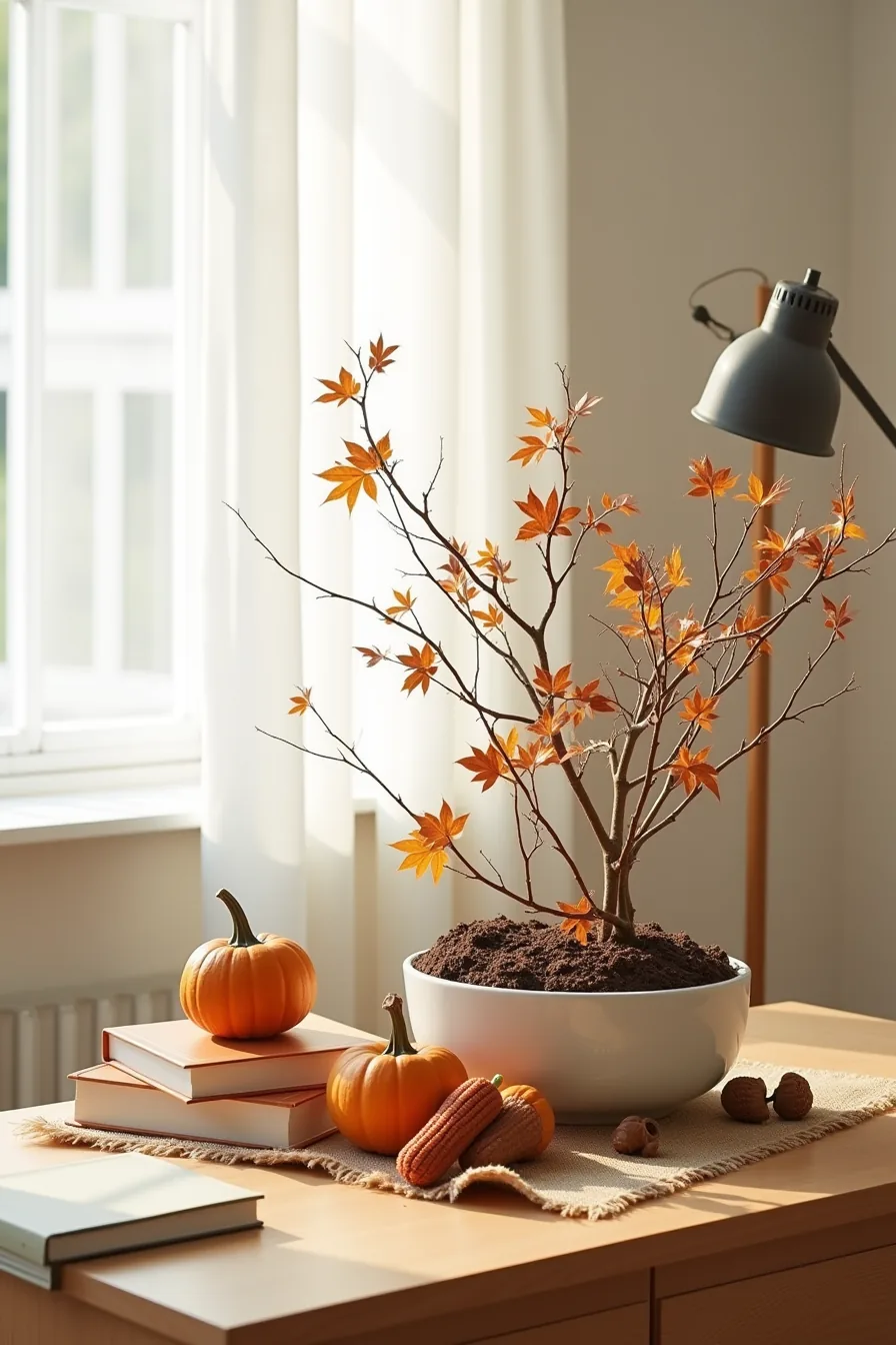 Overhead tabletop display of ceramic planter, autumn branches, pumpkins, corn husks, and acorns on burlap.