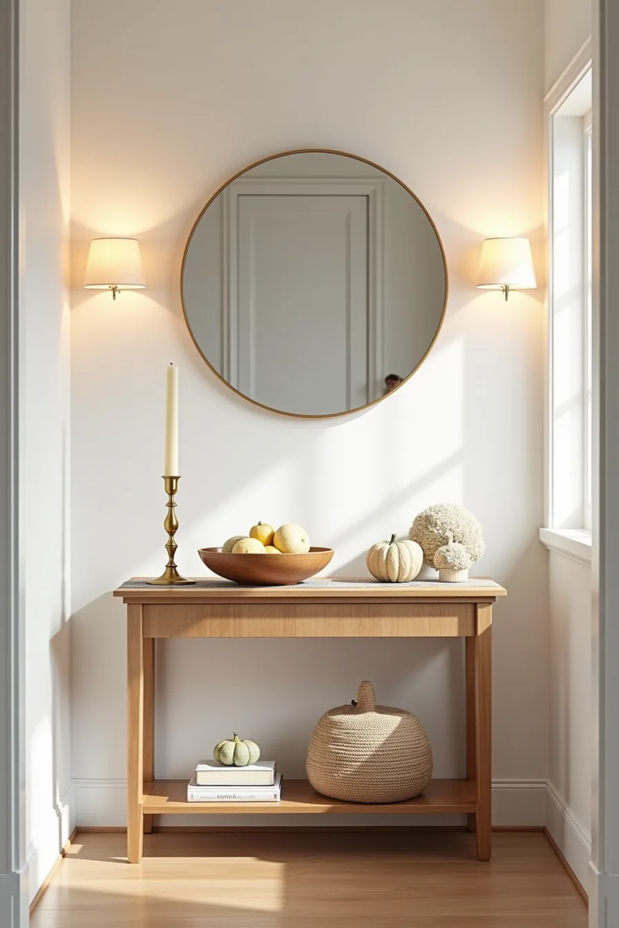 Console table styled with brass candlestick, wooden bowl of gourds, plaid runner, and round mirror above.