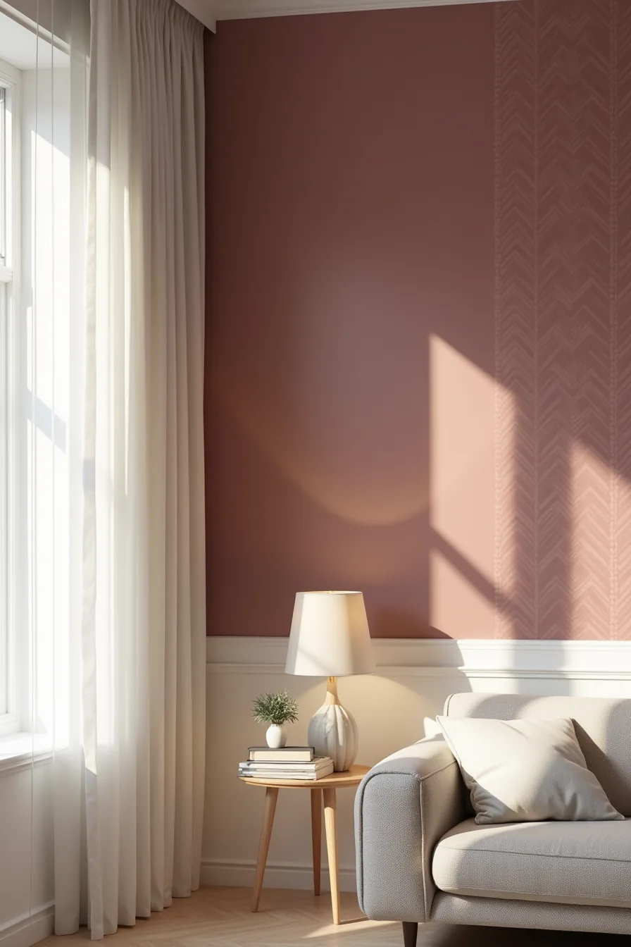Deep burgundy geometric patterned removable wallpaper on accent wall beside plain white wall with neutral sofa in view.