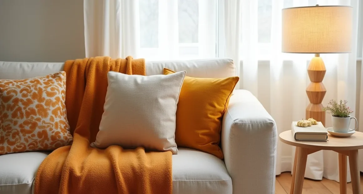 Cream sofa arm with burnt-orange wool throw, patterned fall pillows, and mustard table runner arranged on a light wood side