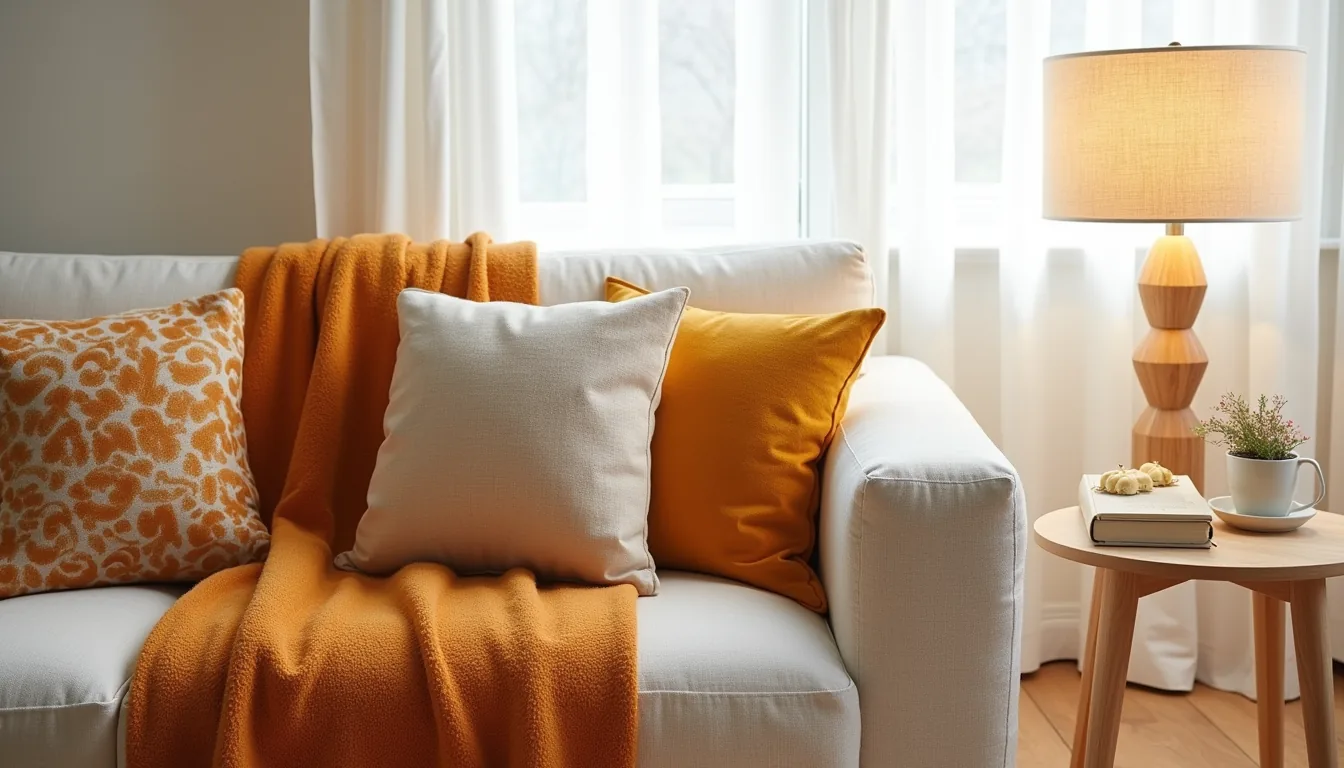 Cream sofa arm with burnt-orange wool throw, patterned fall pillows, and mustard table runner arranged on a light wood side