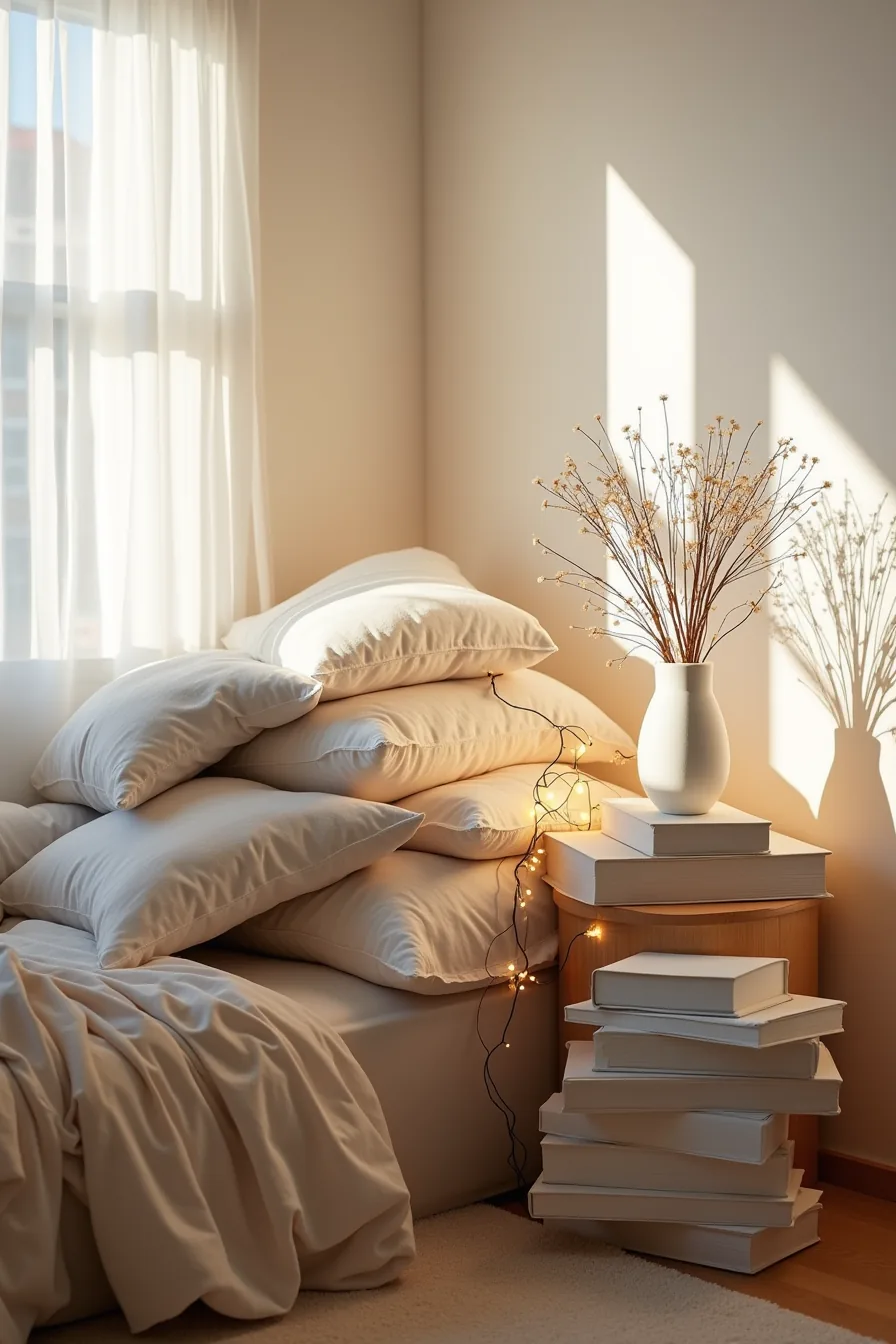 Overcrowded bedroom corner with side table piled with throw pillows, tangled string lights, wilted flowers, and stacked