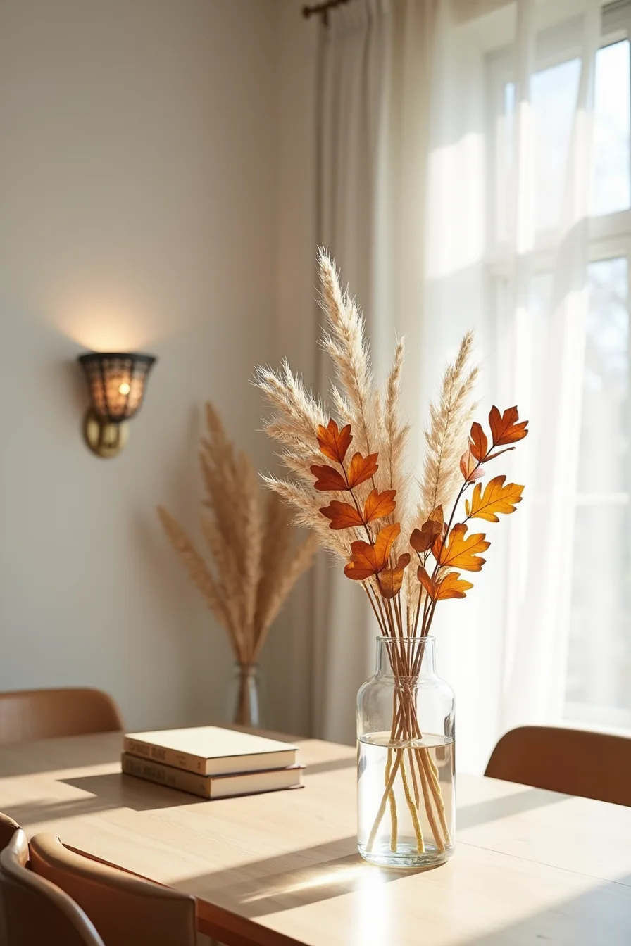 Clear glass cylinder vase filled with tall dried branches, amber and rust oak leaves, and dried wheat sprigs on a dining