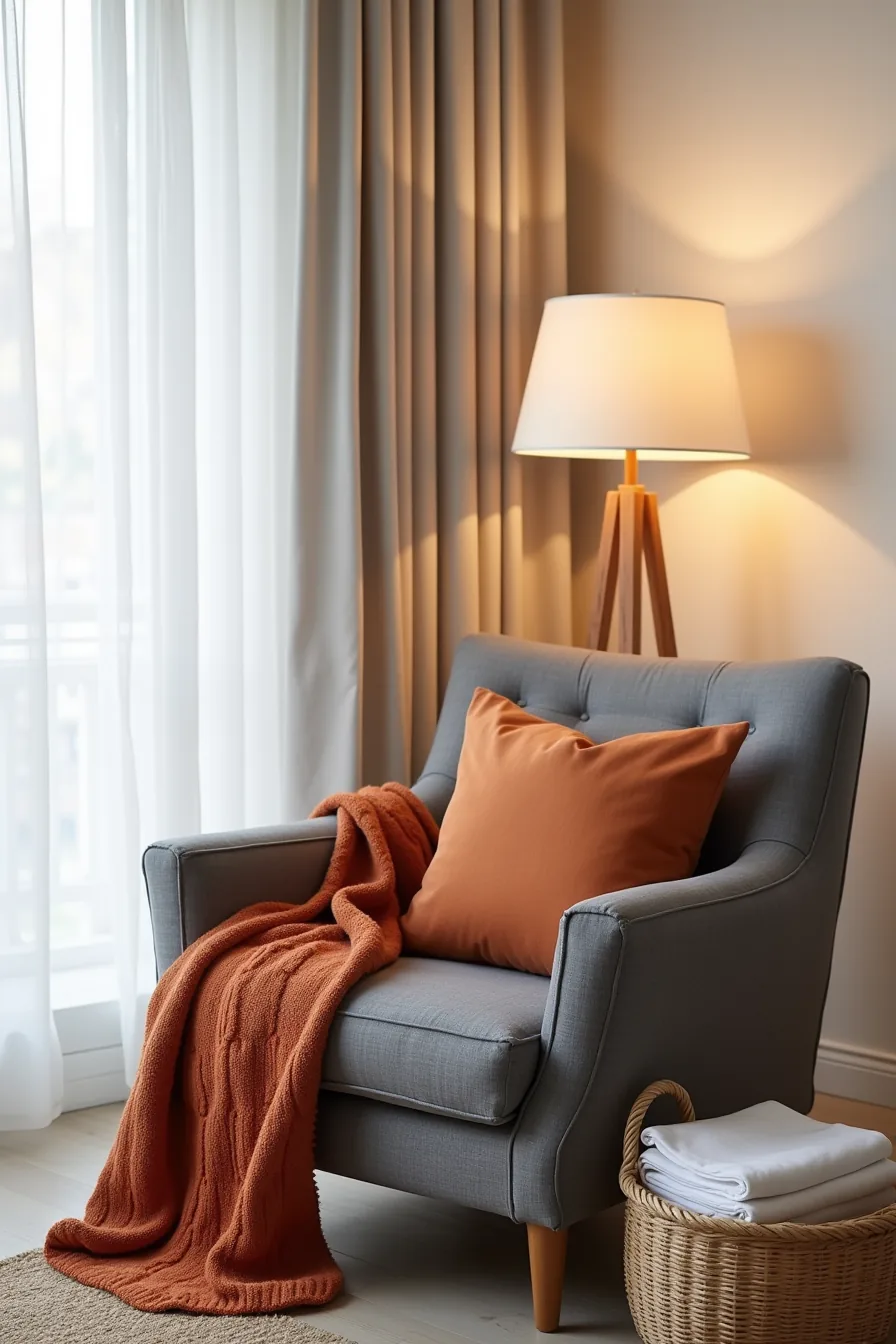 Gray armchair styled with rust knit throw, terracotta pillow, and woven basket of linens positioned on the floor nearby.
