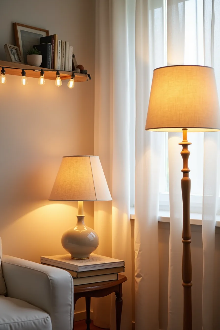 Table lamp with amber shade, Edison bulb string on shelf, and glowing floor lamp with linen shade creating layered warm