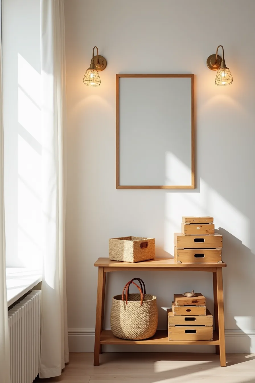 Wooden console table displaying woven storage basket with leather handles, decorative wooden box, and stacked vintage crates