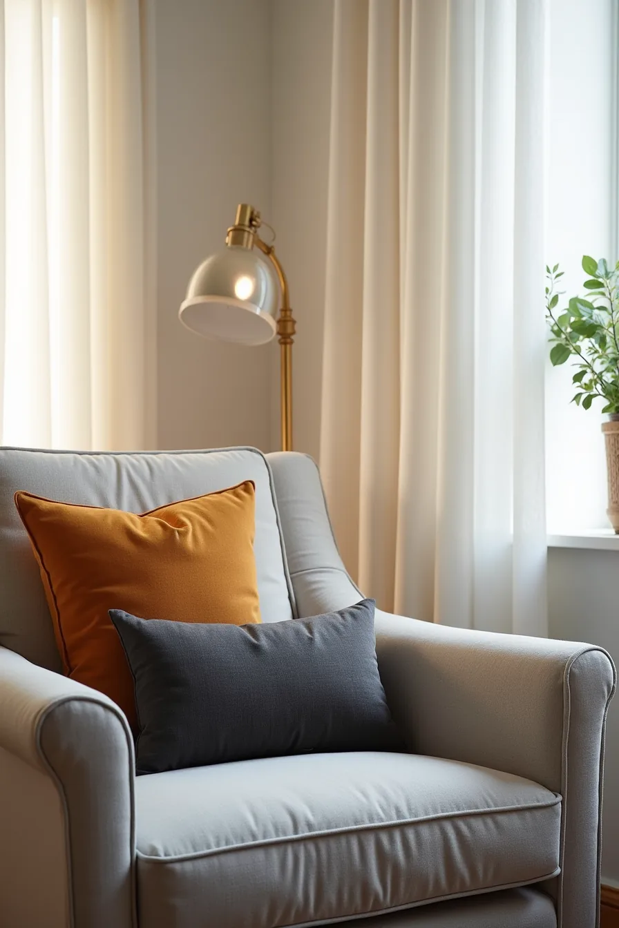 Gray upholstered armchair layered with burnt orange, mustard, and charcoal linen throw pillows.