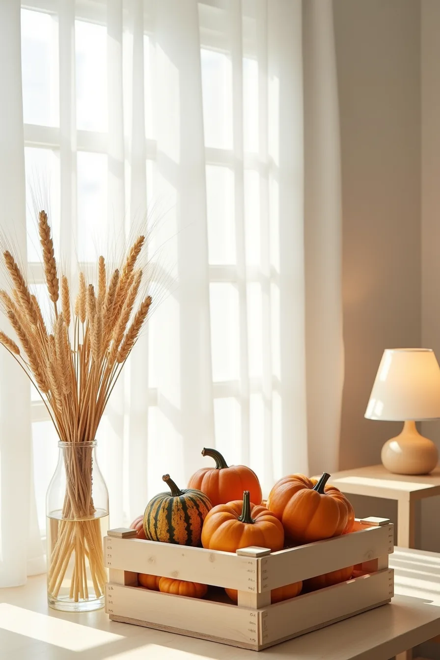 A wooden crate filled with sugar pumpkins, striped gourds, and wheat sits beside a glass vase of tall dried branches.