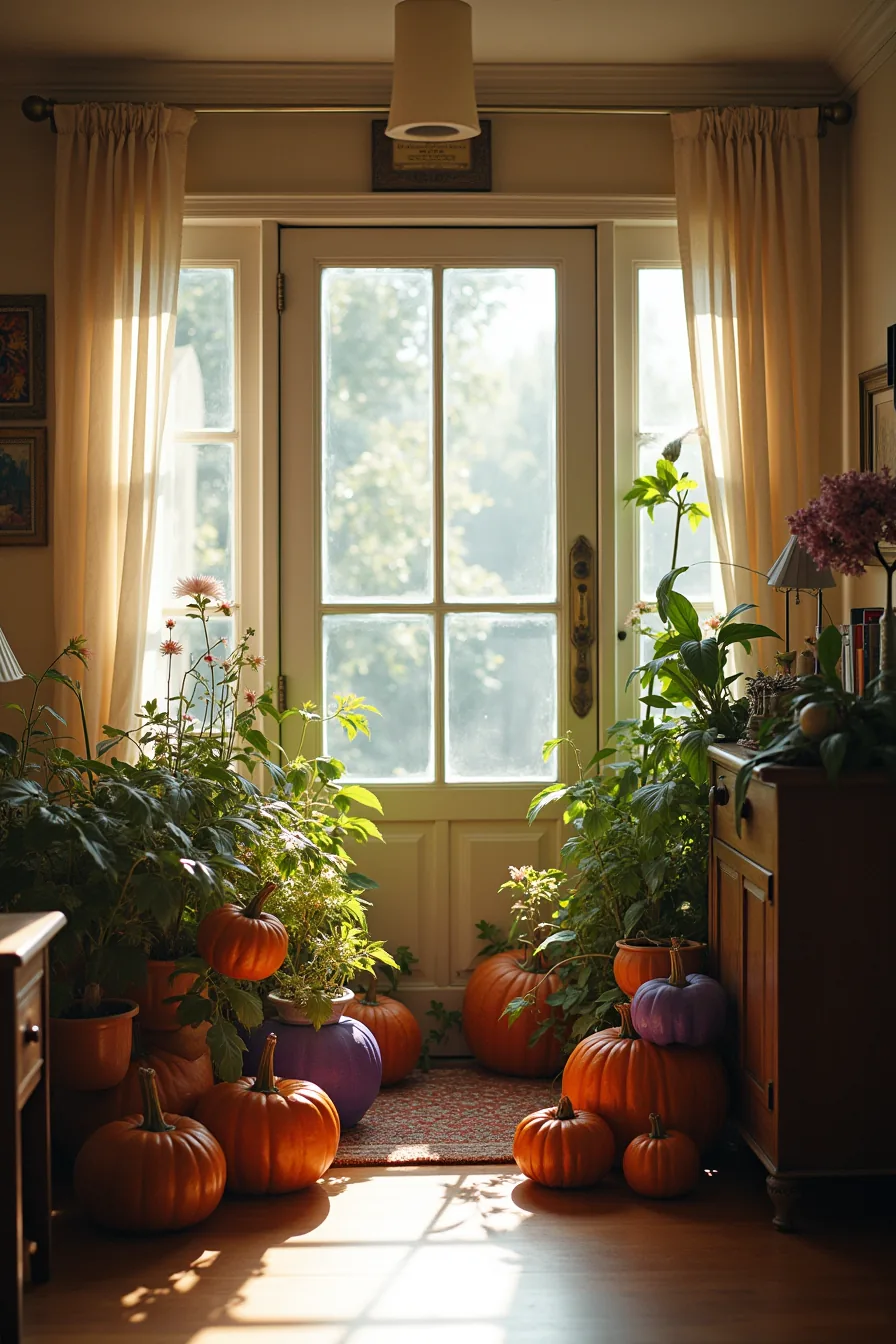An overstuffed porch displays mismatched colored pots, deteriorating decorations, and tangled cords creating visual disorder.