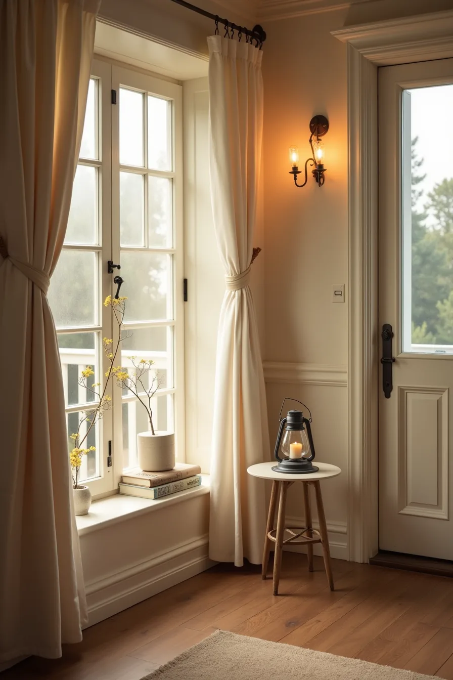 Warm evening lighting includes a lit metal lantern, looped string lights along the railing, and a glowing wall sconce above