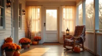 A welcoming porch at sunset features clustered terracotta mums, a plaid-draped rocking chair, glowing lantern, stacked
