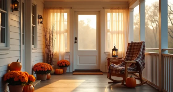 A welcoming porch at sunset features clustered terracotta mums, a plaid-draped rocking chair, glowing lantern, stacked