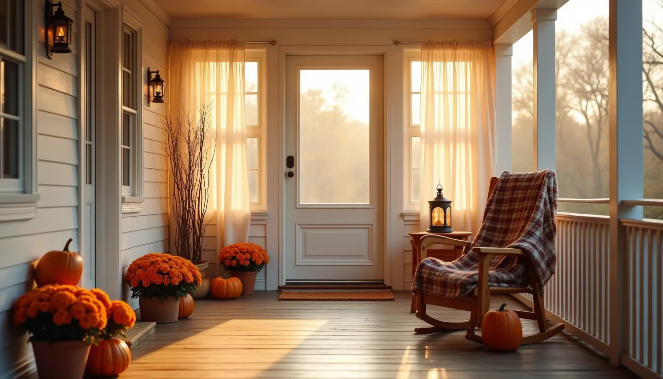 A welcoming porch at sunset features clustered terracotta mums, a plaid-draped rocking chair, glowing lantern, stacked