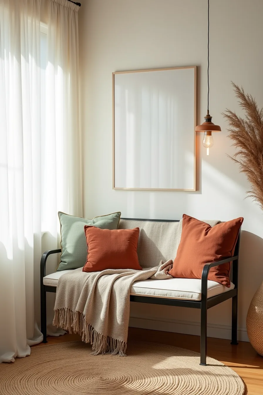 A metal bench layered with a plaid wool throw and rust and sage linen pillows sits on a woven jute rug.