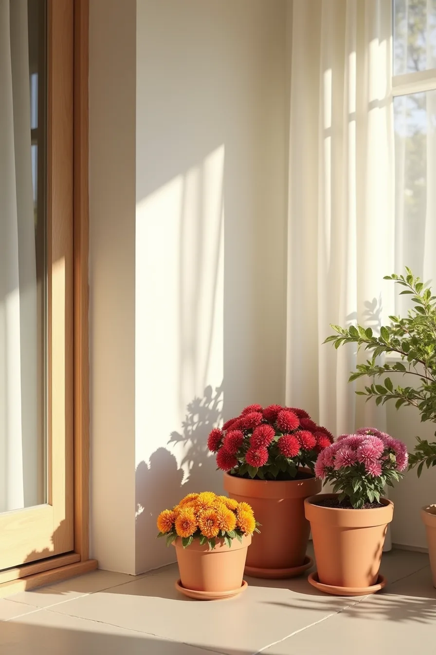 Three terracotta pots with burgundy, orange, and cream mums sit in descending heights on a concrete porch, lit by morning