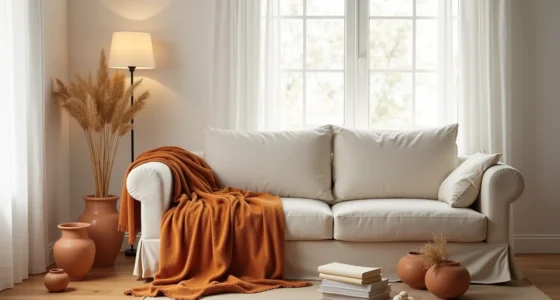Rust throw blanket draped over sofa arm with terra-cotta vessels, wheat stalks, and cream napkins on wood floor.