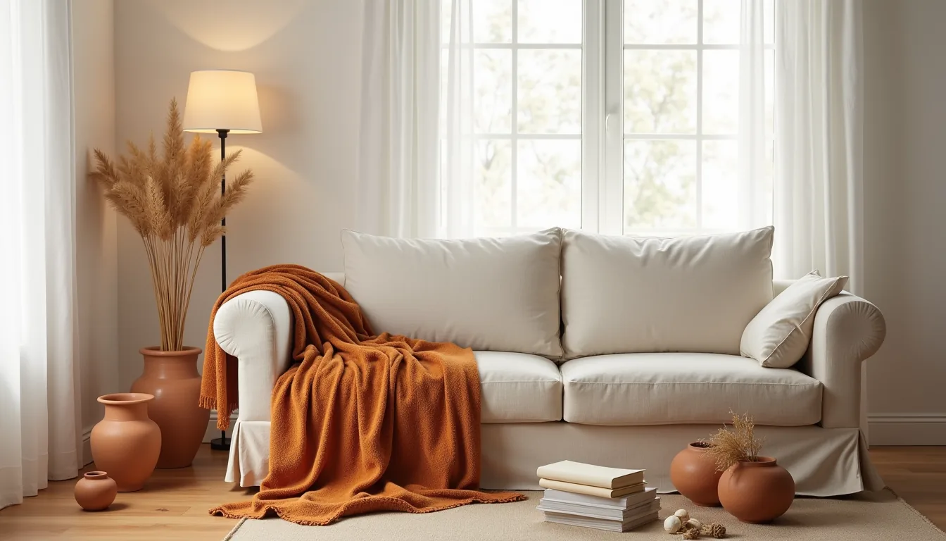Rust throw blanket draped over sofa arm with terra-cotta vessels, wheat stalks, and cream napkins on wood floor.