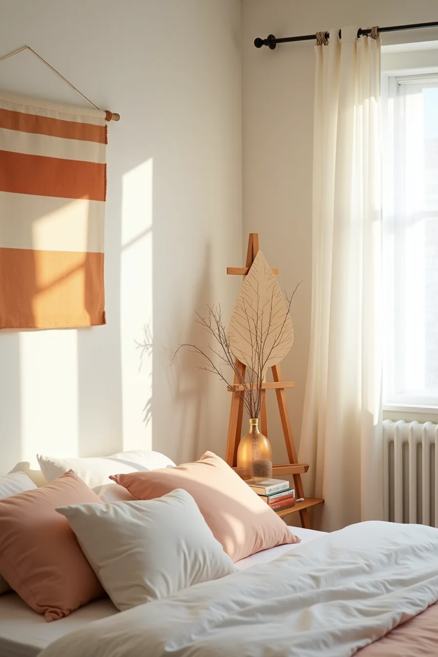 Rental bedroom corner with striped fabric wall hanging, wooden leaf on easel, and garland on tension rod.