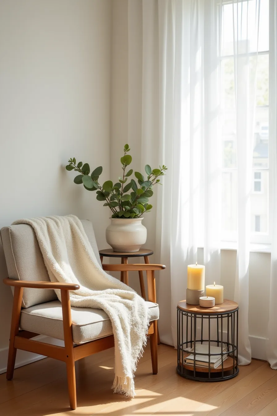 Wooden chair with draped wool throw, ceramic planter with plant, and metal tray of candles nearby.