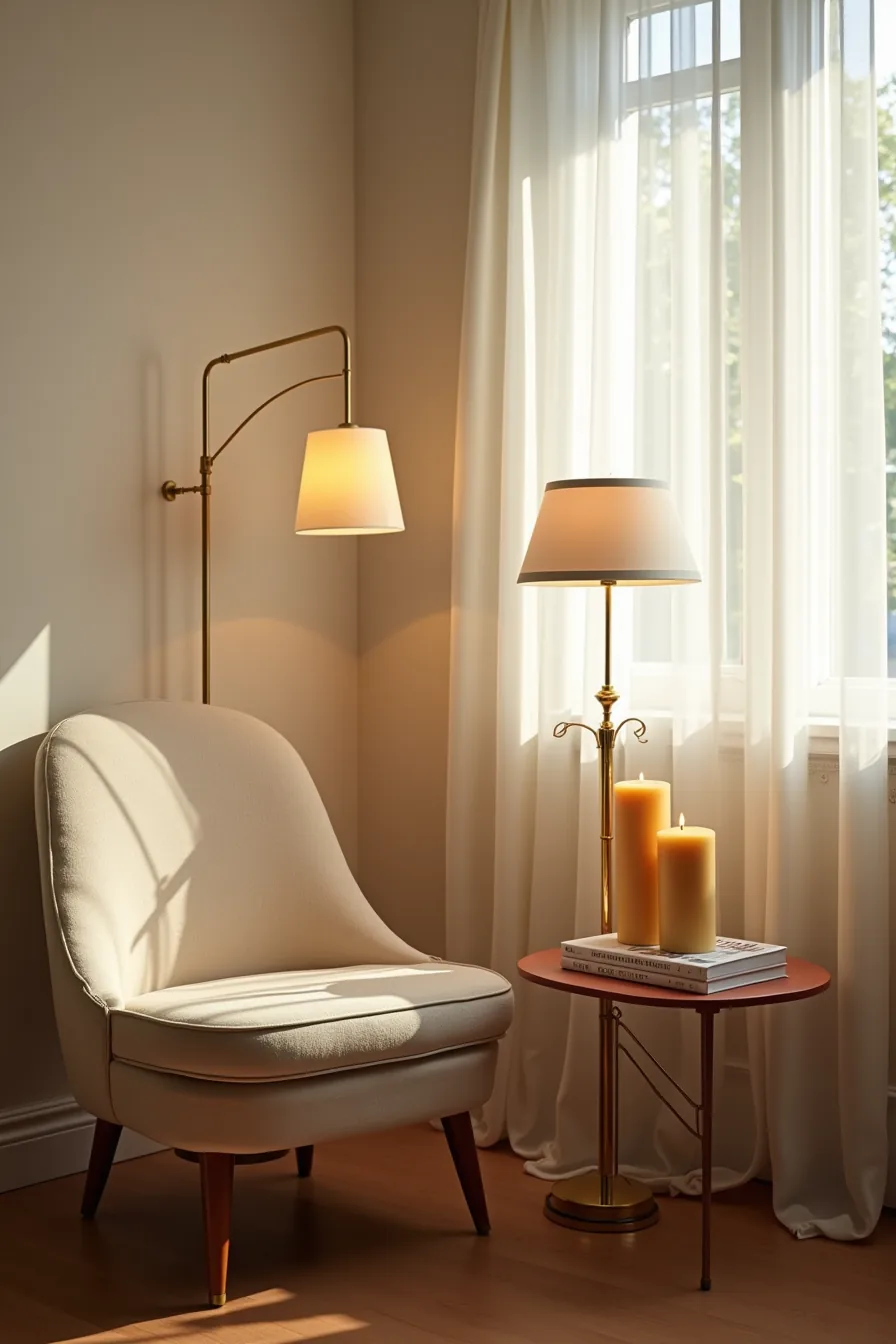 Reading chair illuminated by brass arc lamp with pillar candles and warm lampshade in dim ambient light.