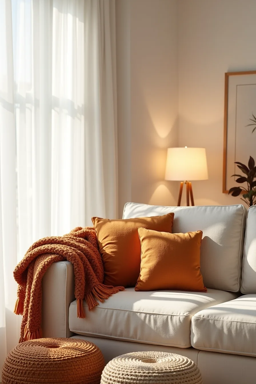 Sectional arm with burnt orange knit blanket, stacked fall-fabric cushions, and woven poufs from above.