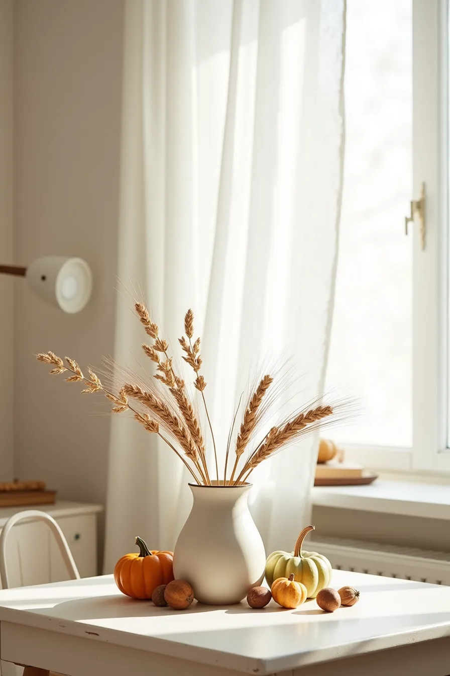 Ceramic bowl filled with dried wheat and willow branches, surrounded by scattered gourds and acorns.