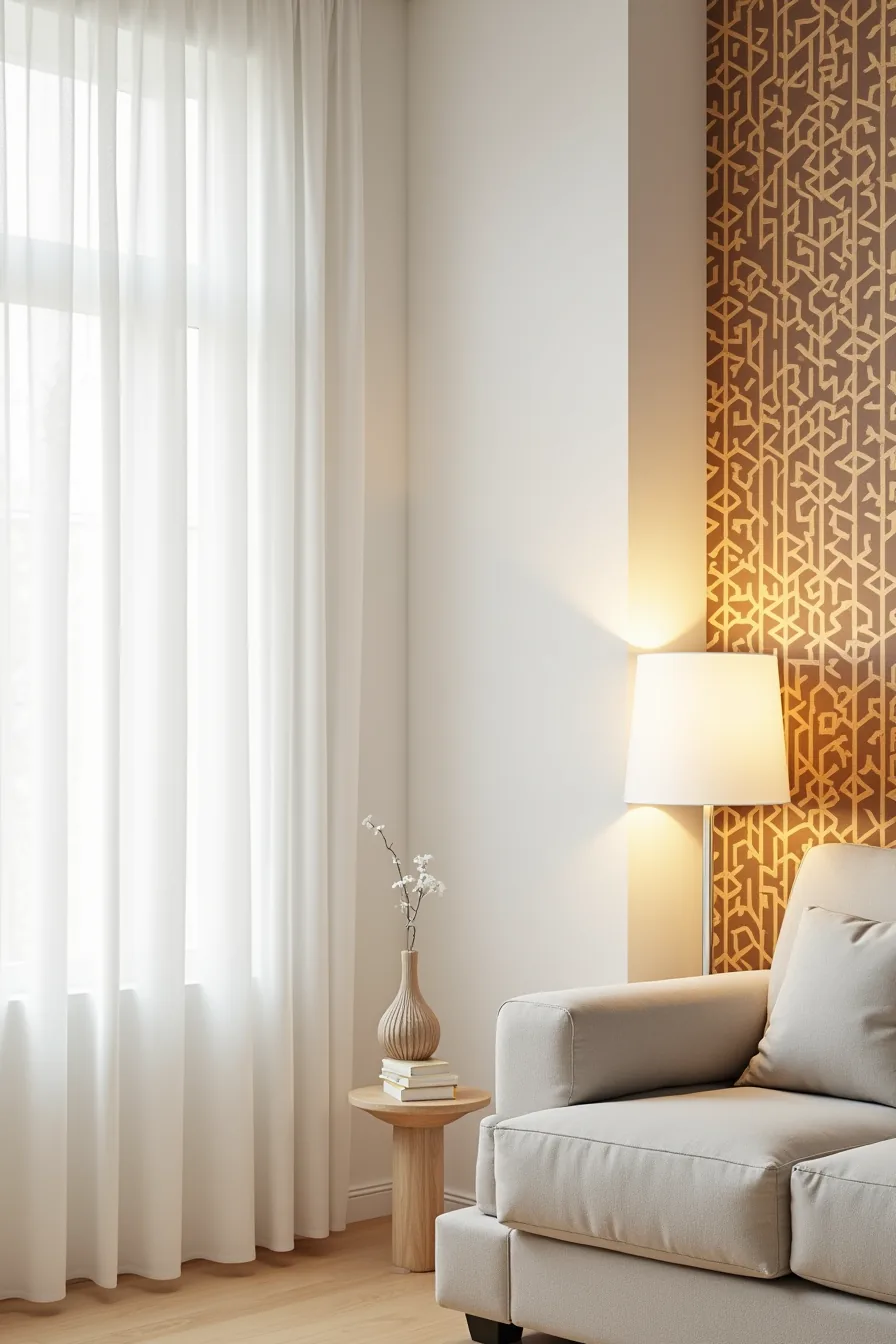 Accent wall covered with peel-and-stick geometric wallpaper in deep gold and chocolate brown tones.
