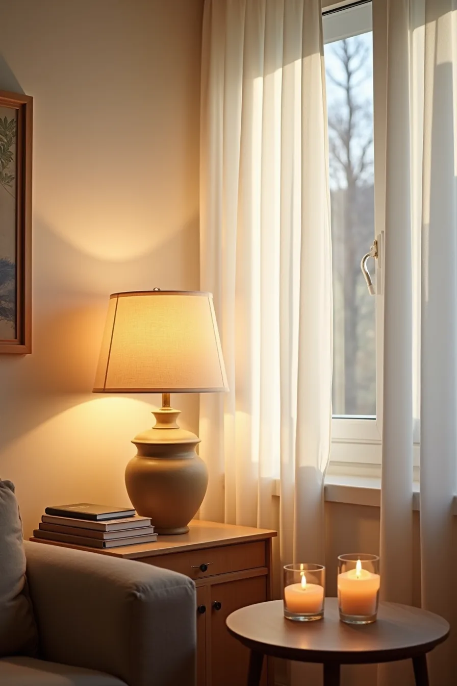 A living room corner glows with warm amber from a table lamp, floor lamp with linen shade, and lit candles in glass holders
