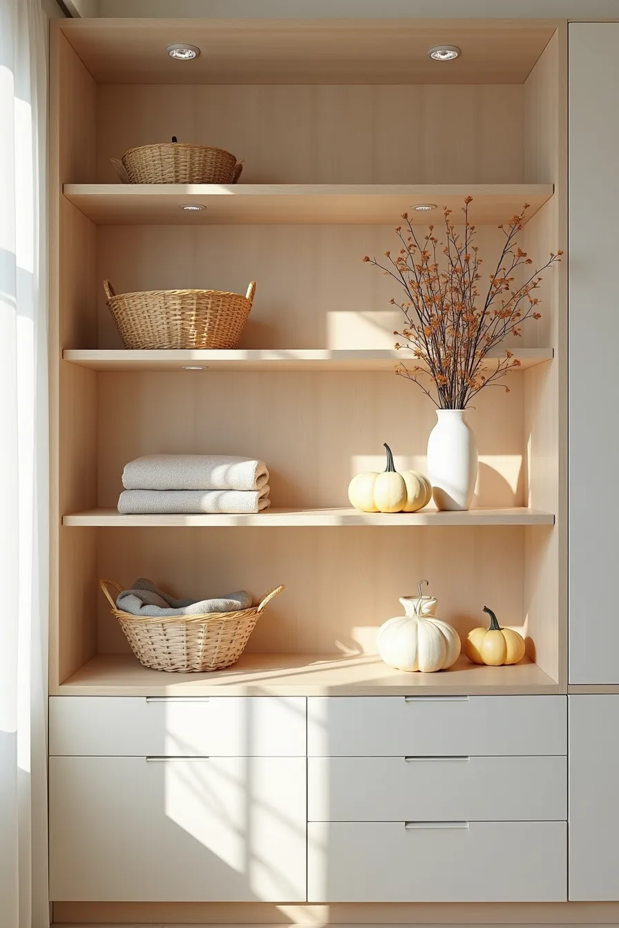 A wooden shelving unit displays woven baskets, small pumpkins, dried branches in a vase, and folded textiles with open shelf