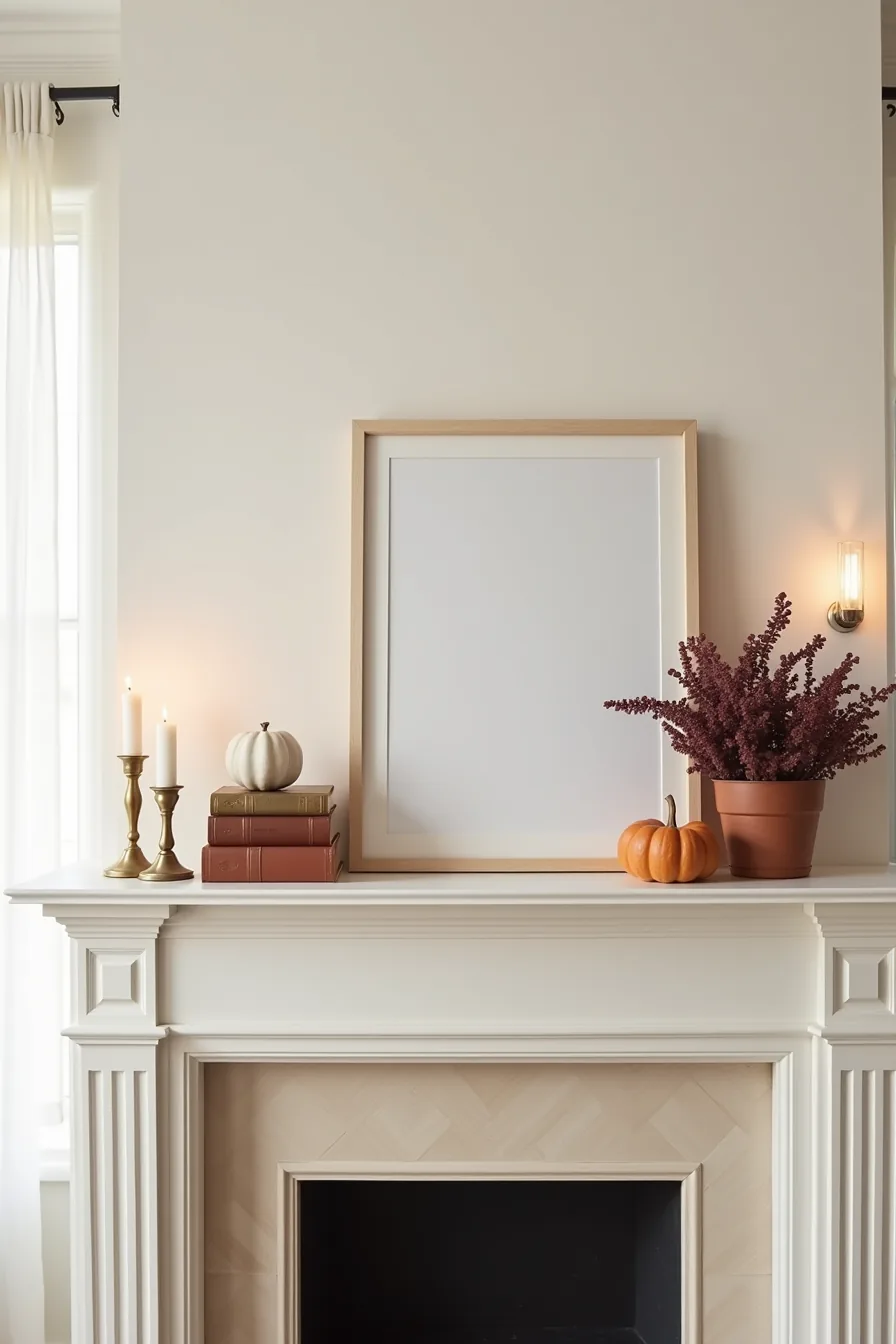A fireplace mantel displays brass candlesticks, stacked leather books, a ceramic pumpkin, an empty frame, and a burgundy