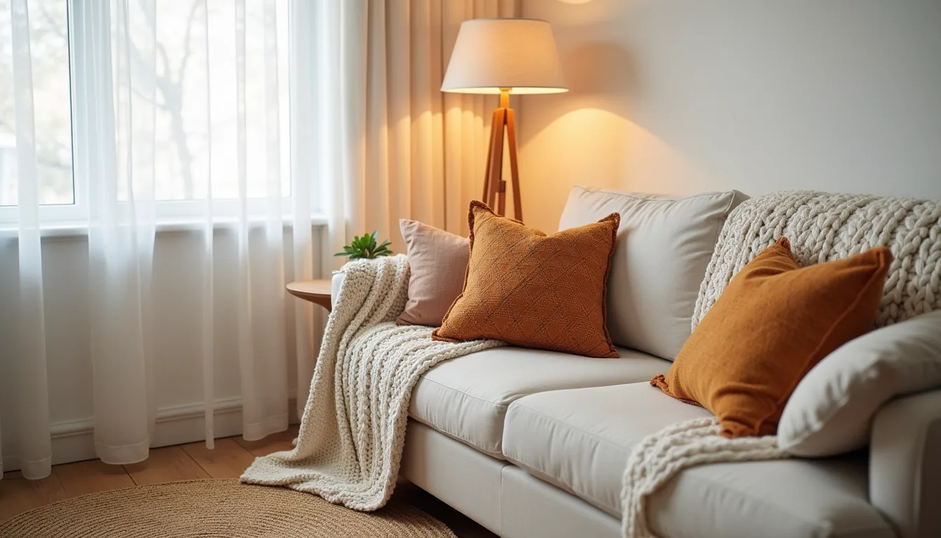 A sofa corner layered with a chunky knit throw, rust and gold patterned pillows, and a warm neutral woven area rug.