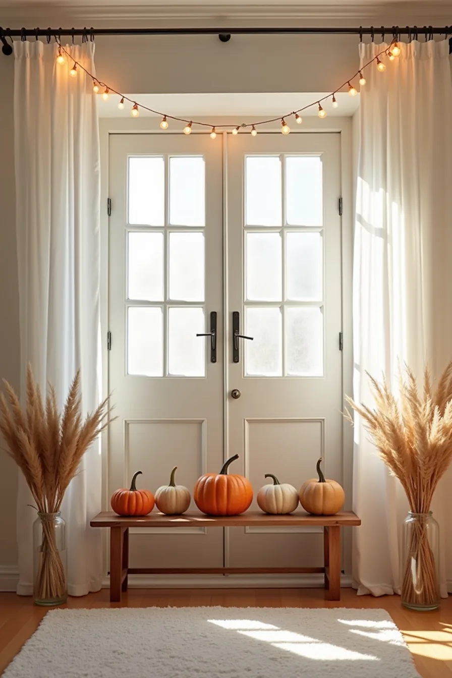 Three pumpkins sit on a wooden bench by a front door, flanked by dried wheat in glass vases and warm amber string lights