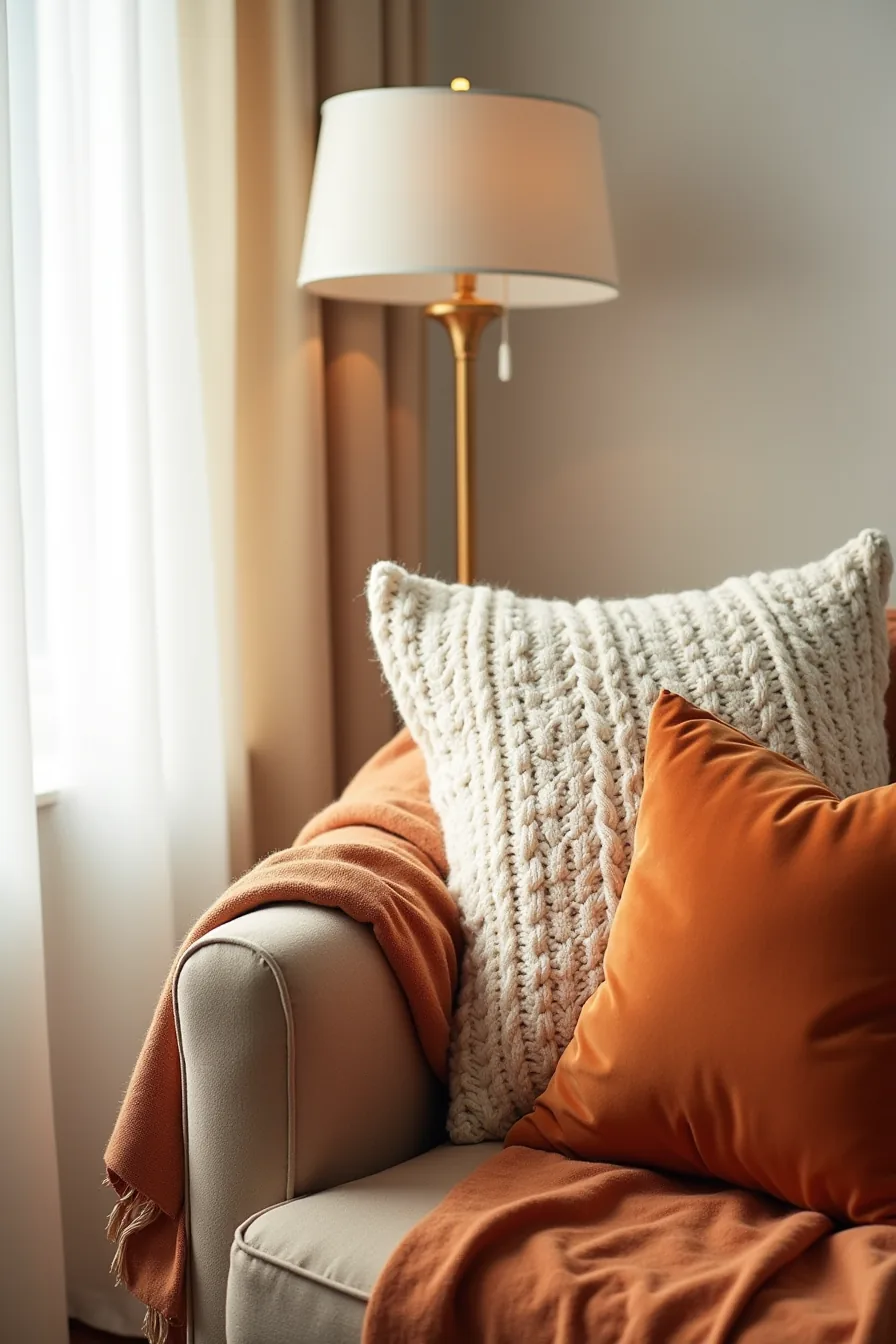A chair arm displays a rust linen throw, cream cable-knit pillow, and burnt-orange velvet cushion in layered arrangement.