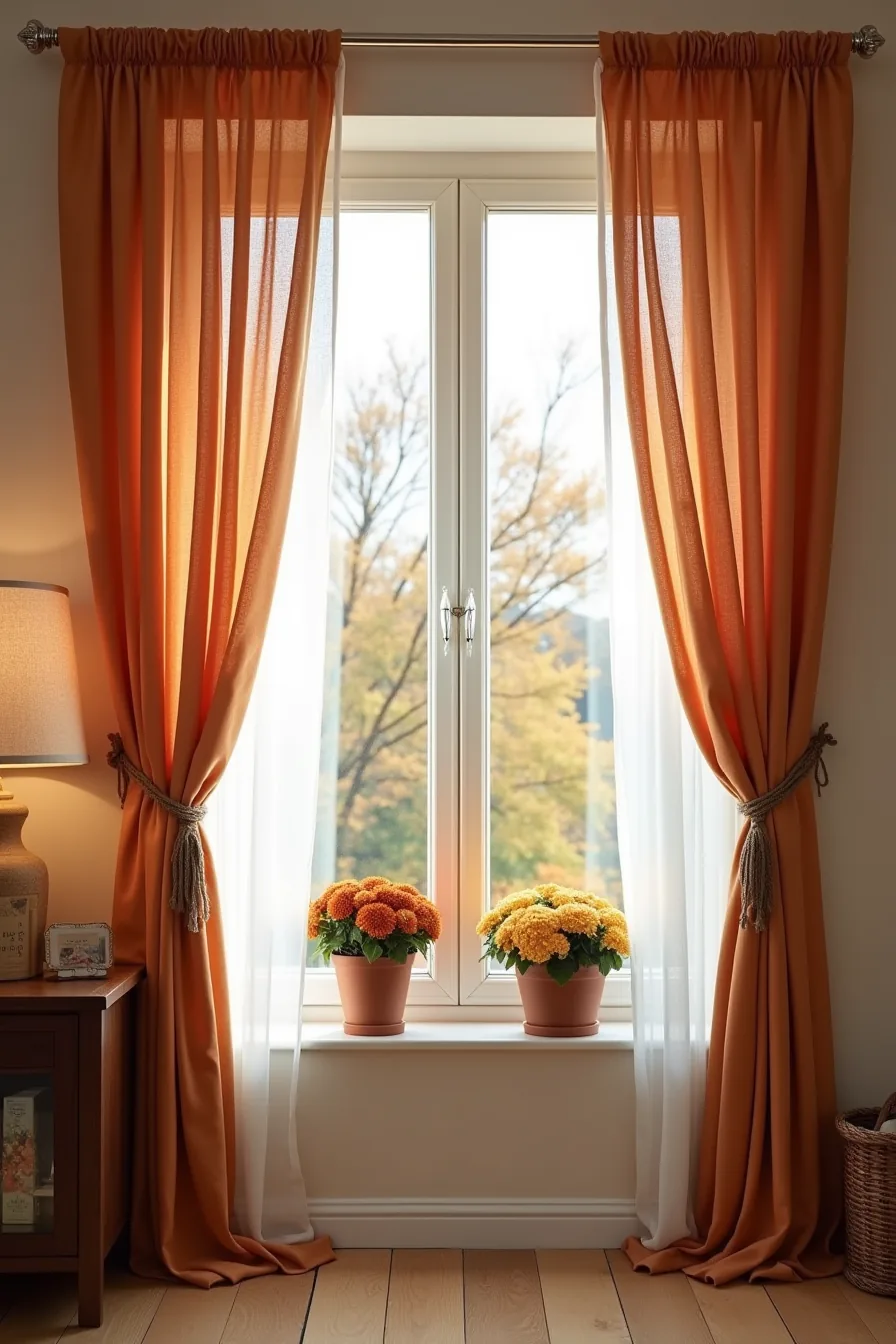 Rust-colored linen curtains tied with twine frame a window showing fall foliage and potted mums on the sill in morning light.