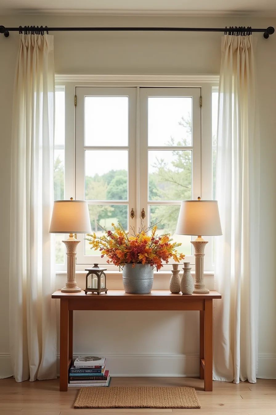 Porch console table with galvanized urn of fall foliage, flanking lanterns with candles, and doormat.