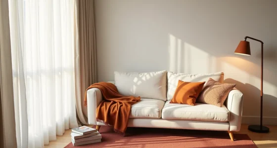 Cream sofa with rust throw blanket, patterned pillows in warm tones, and burgundy area rug in afternoon light.