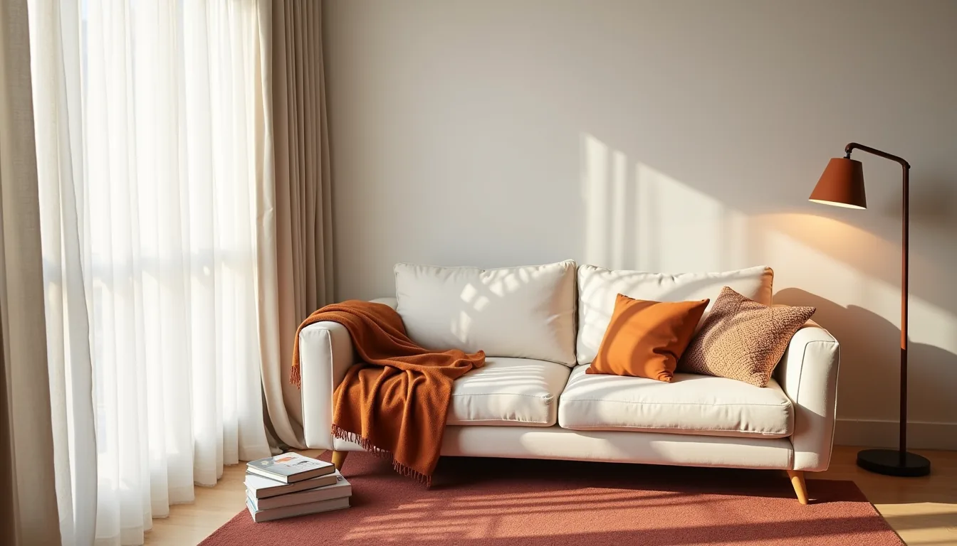 Cream sofa with rust throw blanket, patterned pillows in warm tones, and burgundy area rug in afternoon light.