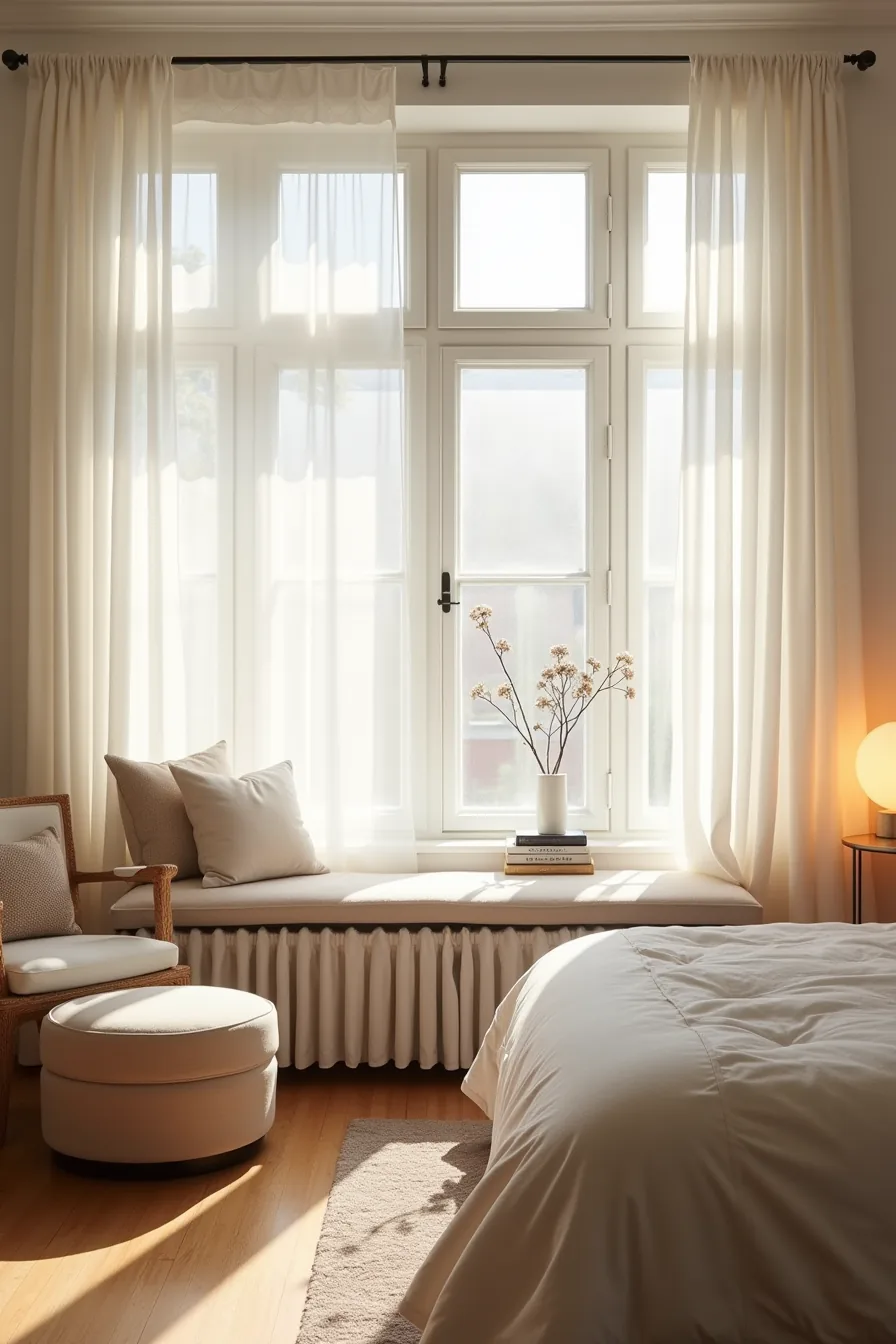 Bedroom window nook with low storage ottoman, side table with lamp, and bed repositioned against far wall.