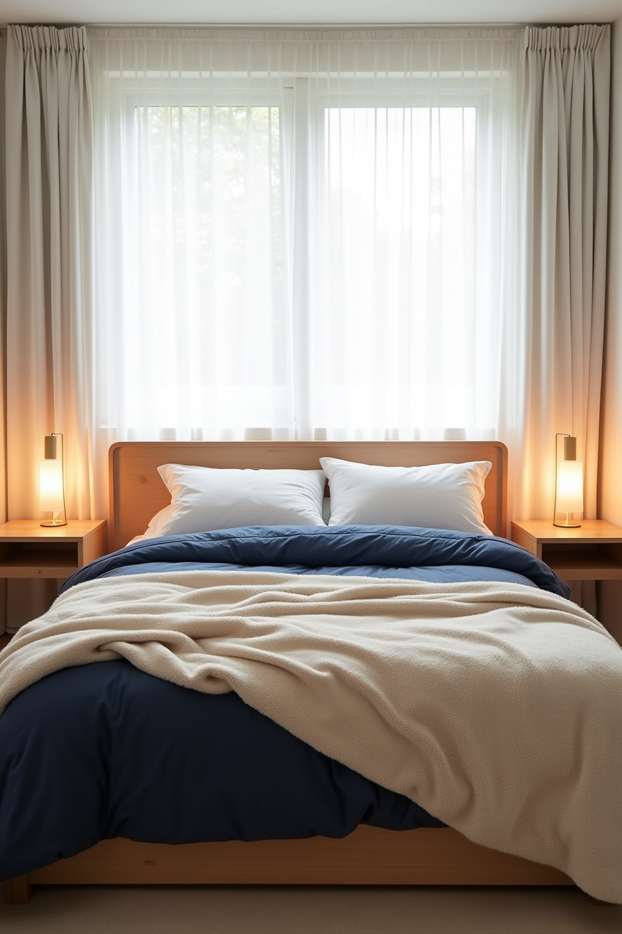 Beige fluffy blanket placed on a king bed with navy comforter and stacked pillows.