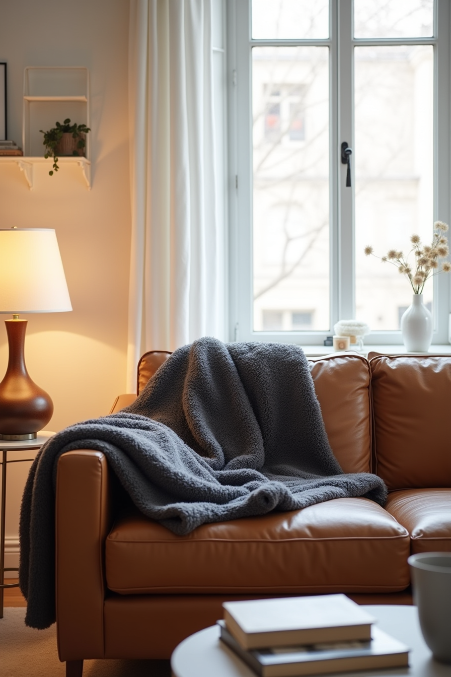 Charcoal fluffy blanket draped over tan leather sofa arm with coffee table and books nearby.