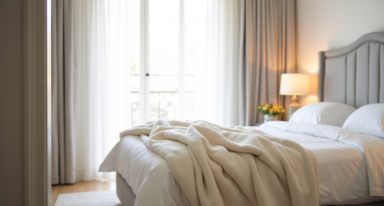 Cream fluffy blanket folded at the foot of a bed with white duvet and gray headboard.