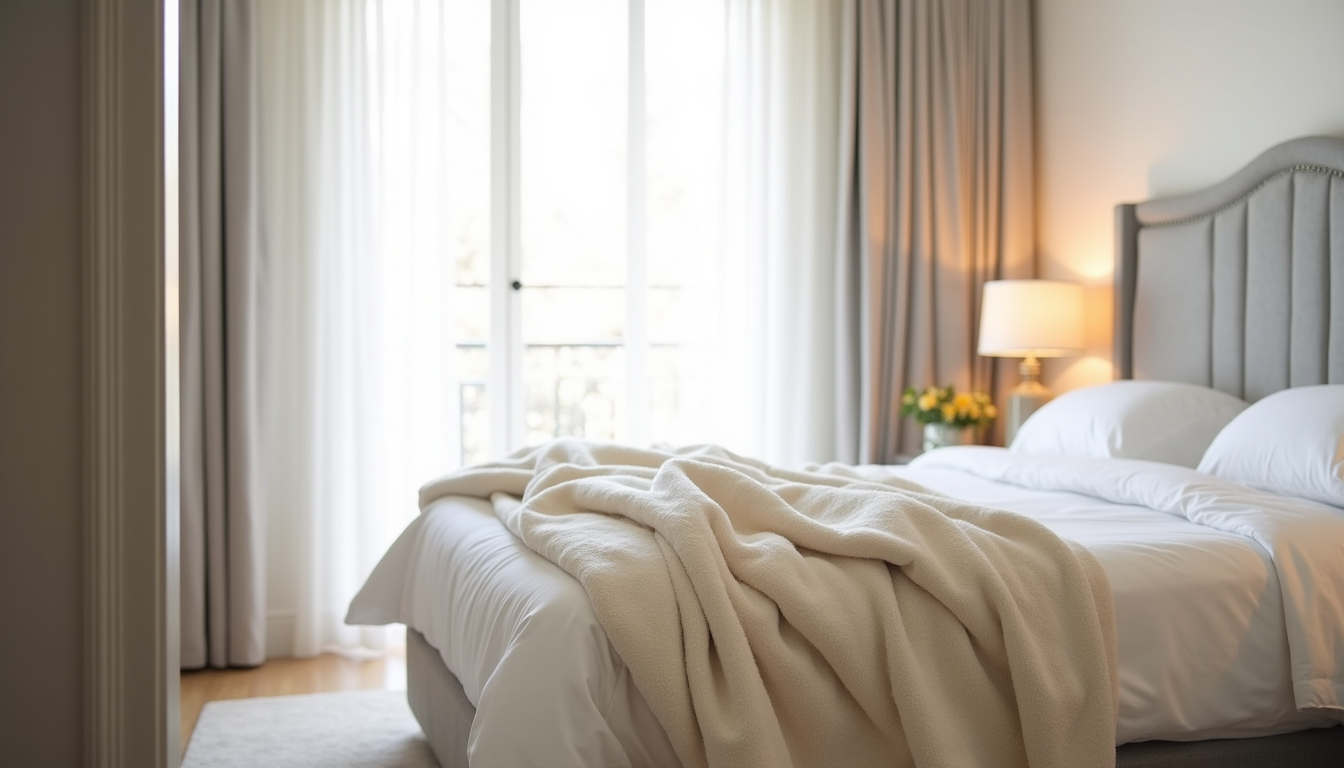 Cream fluffy blanket folded at the foot of a bed with white duvet and gray headboard.