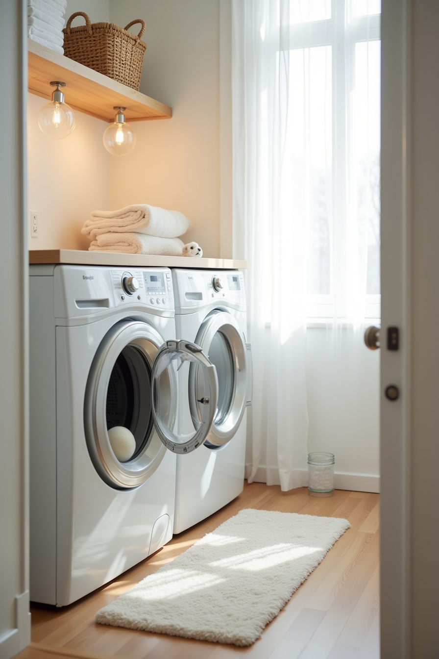White fluffy blanket in open front-load dryer with dryer balls and towel shelf above.